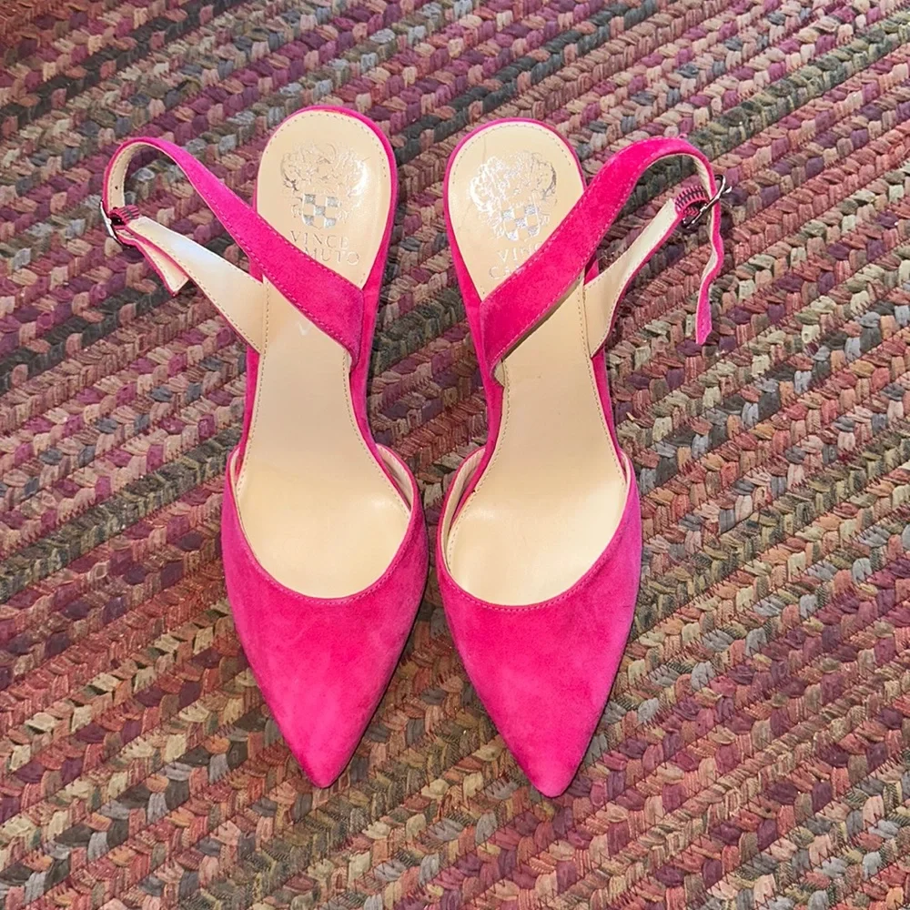 VINCE CAMUTO PINK SUEDE POINTED TOE SLING BACK HIGH HEELS STILETTOS